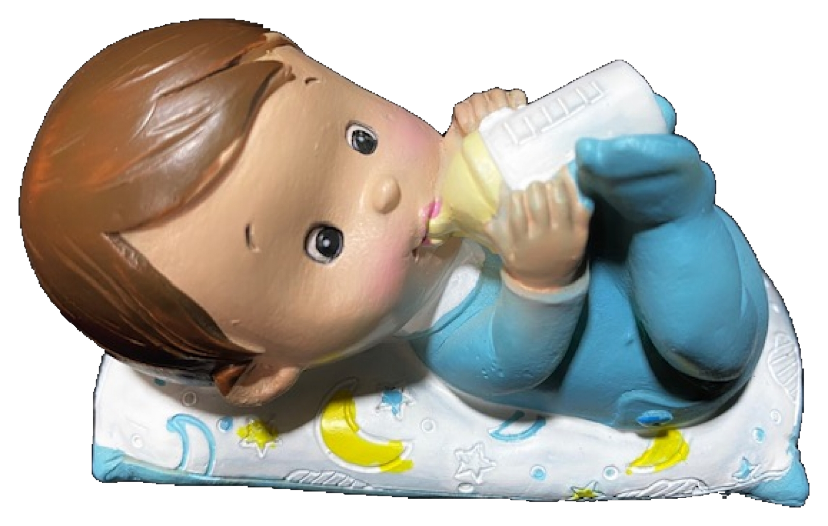 Figura Muñeco de bautizo niño y biberón.