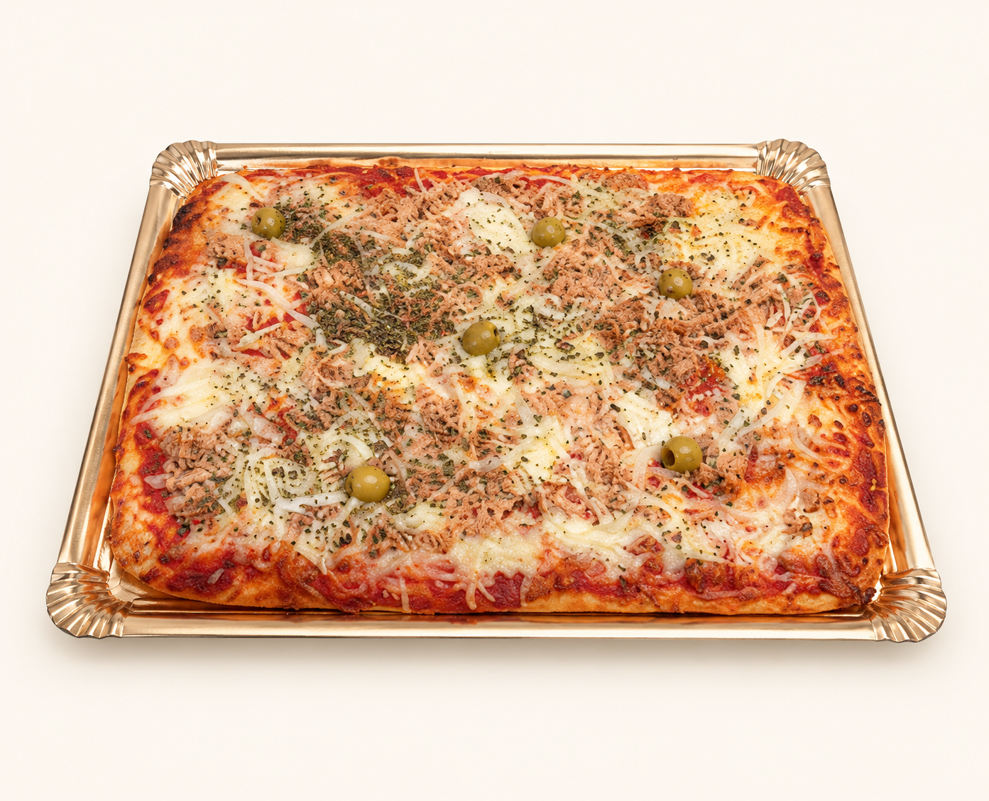 Atún y cebolla, pizza con fondo crema claro