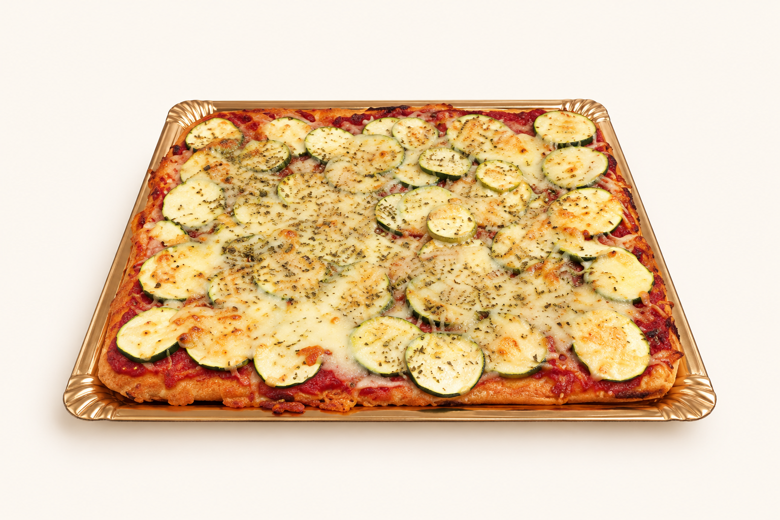 Calabacín, pizza con fondo crema claro