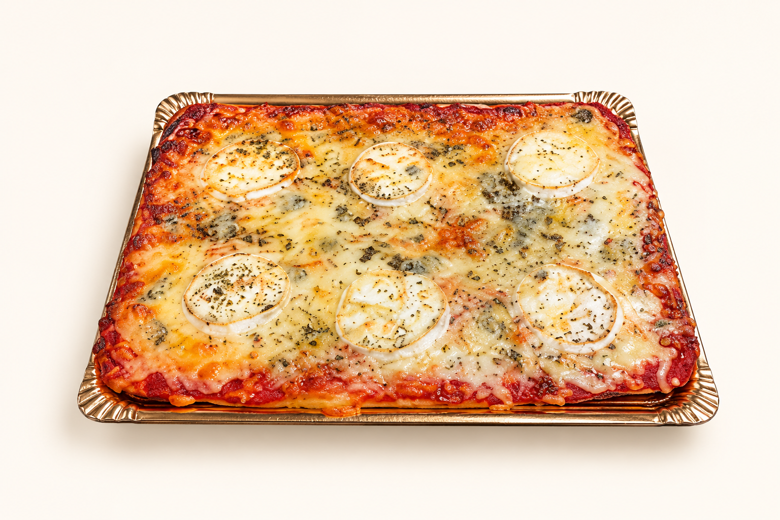 Cuatro quesos, pizza con fondo crema claro