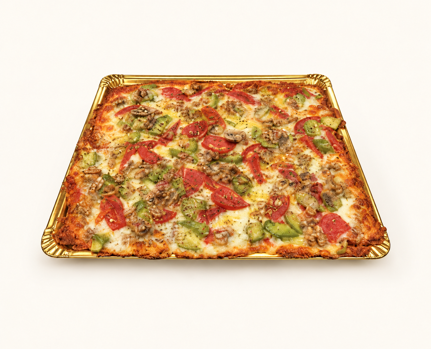 Aguacate tomate y nueces, pizza con fondo crema claro
