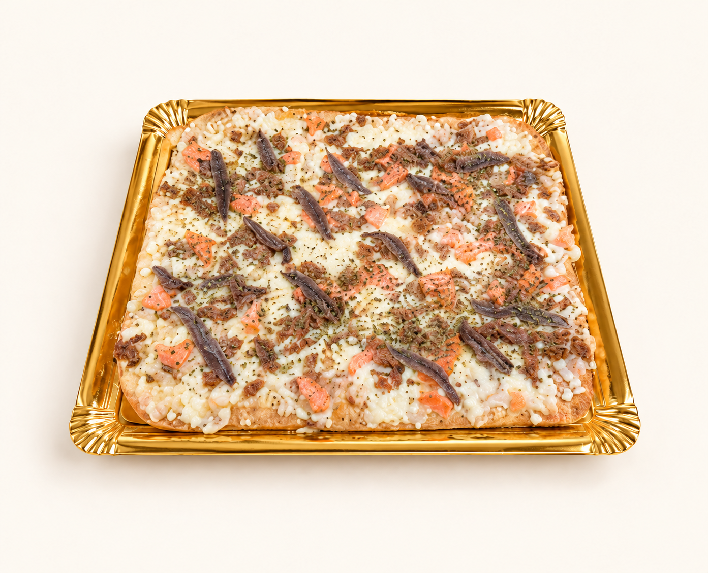 Marinera, pizza con fondo crema claro
