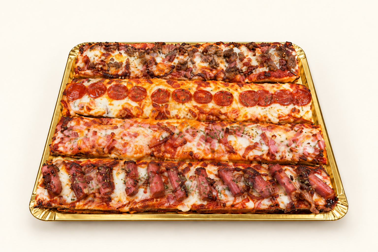 Mini bandas carne, pizza con fondo crema claro