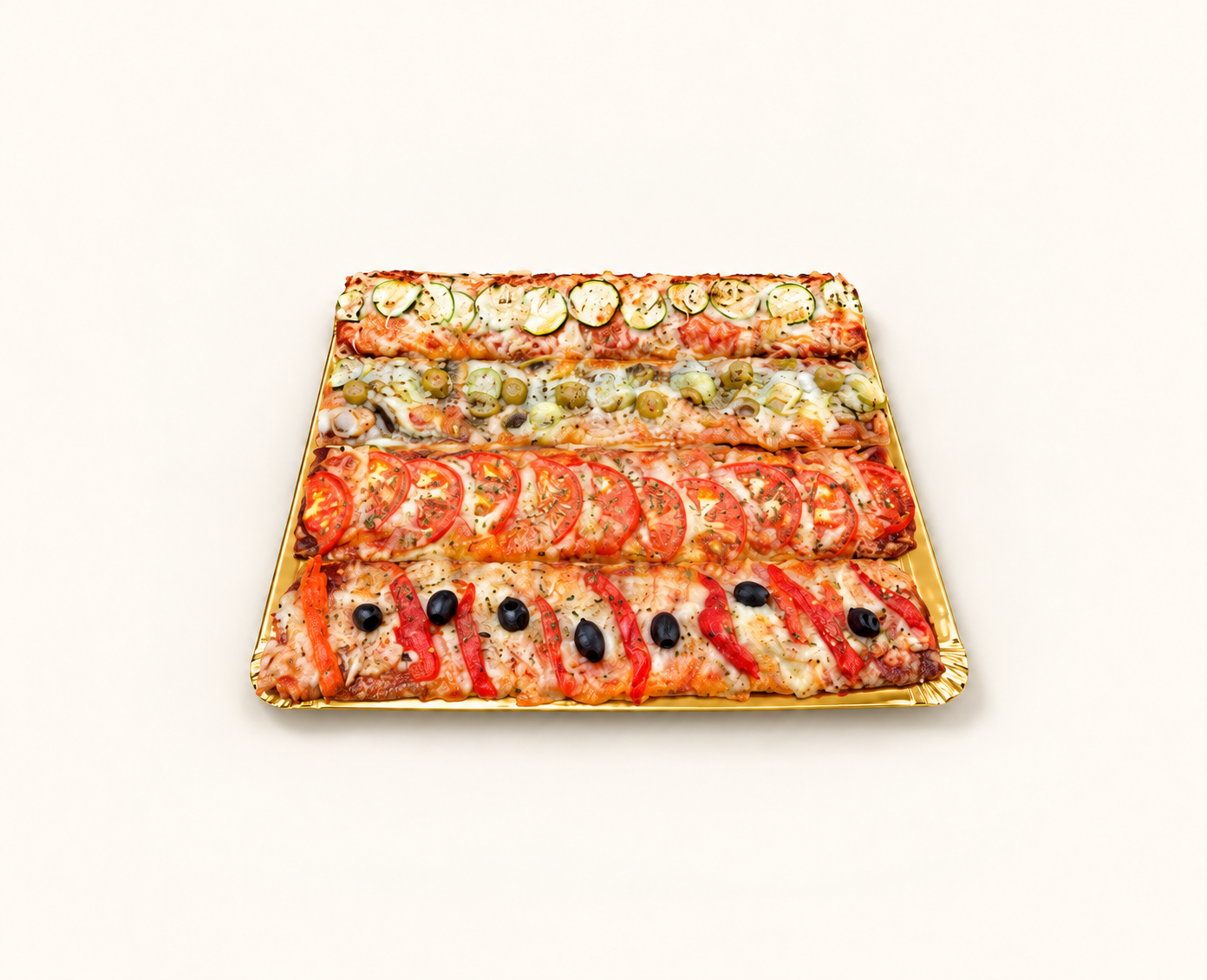 Mini bandas vegetales, pizza con fondo crema claro