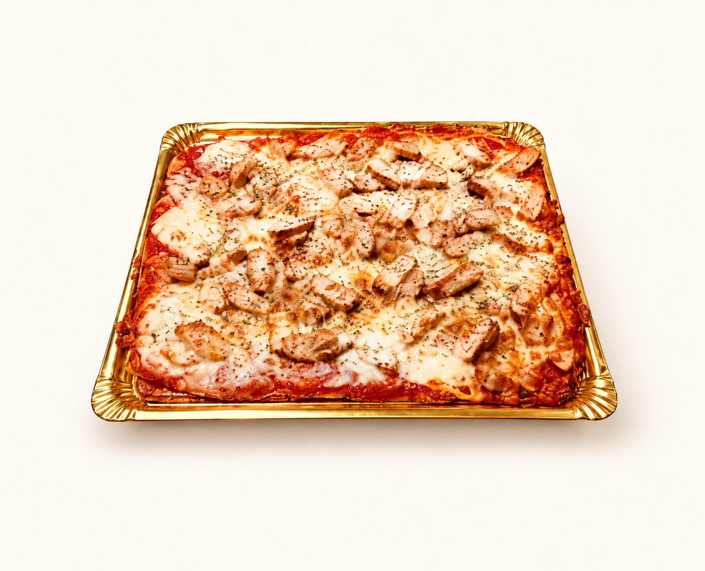 Pollo, pizza con fondo crema claro