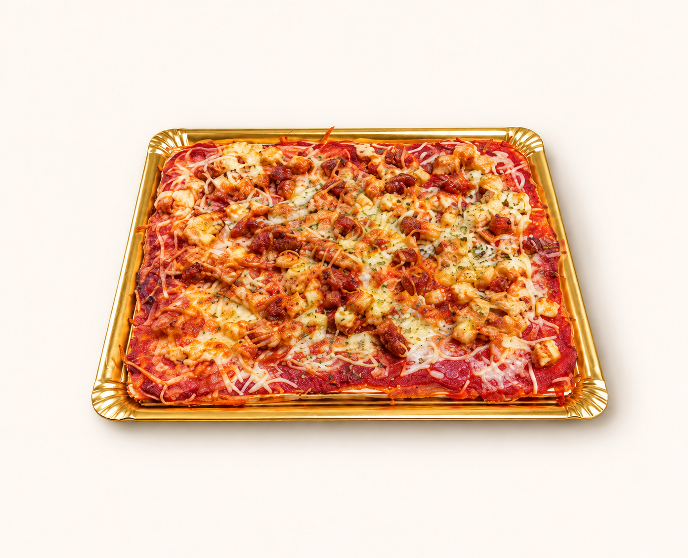 Tortilla y chistorra, pizza con fondo crema claro